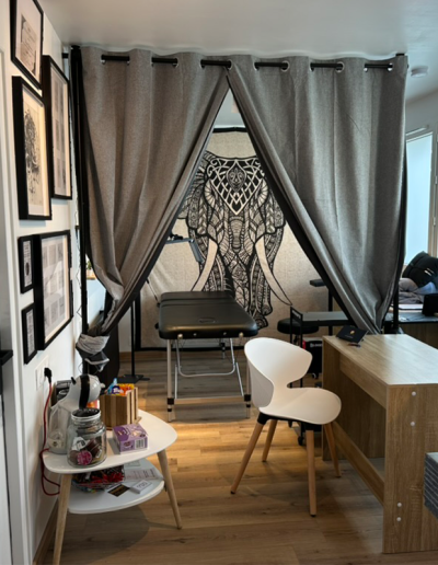 Photo de l'ambiance générale du salon de tatouage line art et minimaliste La Folie Douce Tattoo à Saint-Lumine-de-Clisson dans le vignoble nantais.